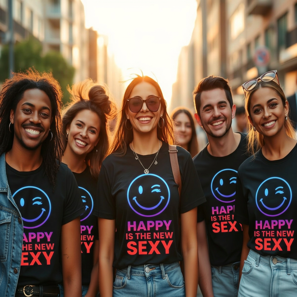 Group of friends wearing Happy is the New Sexy tees